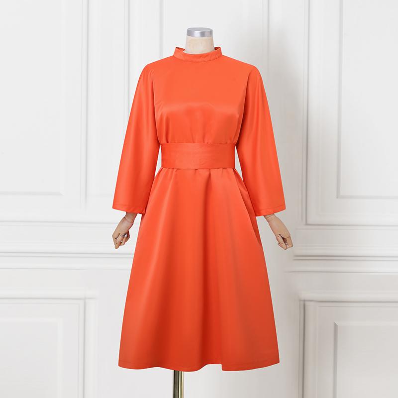 Oversized Women Stand Neck 3/4 Sleeve Bow Knot Belt Party Swing Dresses Nonelastic