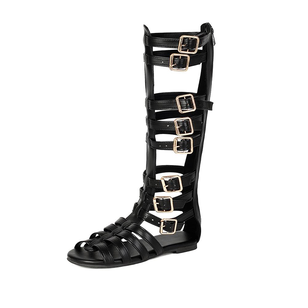 Calf High Women Gladiator Sandals Flat Heel Lady Party Shoes Large Small Plus Size 30 48