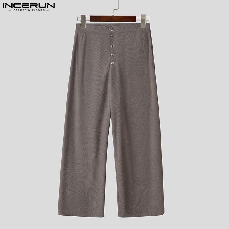 INCERUN Men Spring High Waist Buttons Solid Casual Long Chunky Pants Trousers 