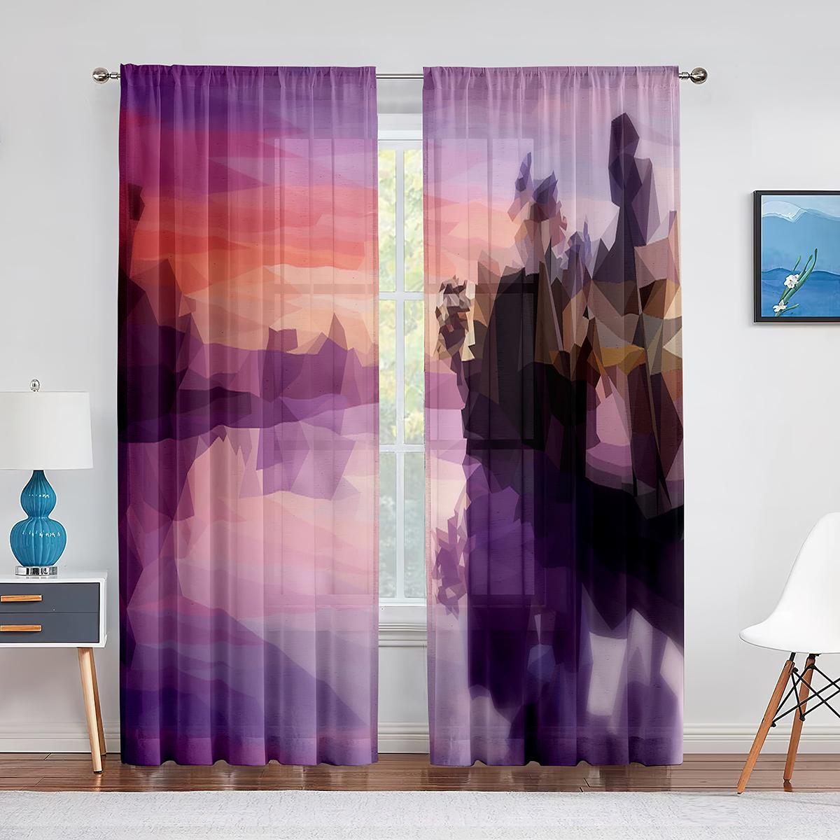 Тюлевые шторы с фиолетовым цветком и полем одинокого дерева — фото 3