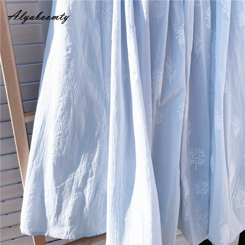 Japanese Mori Girl Summer Women Blue A-Line Skirt High Waist Floral Cotton Elegant Skirts Womens