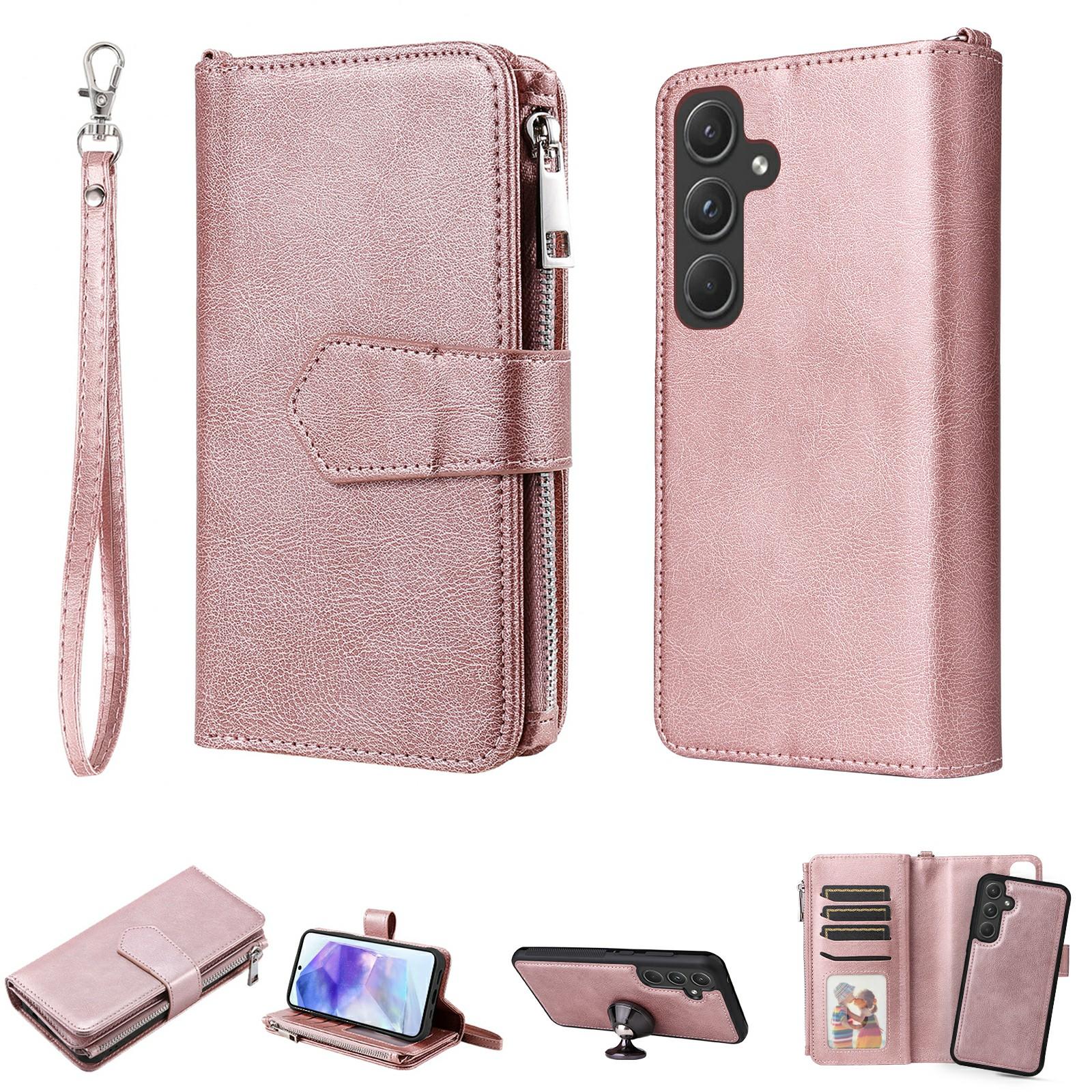

Магнитный кожаный чехол для Samsung Galaxy A55 5G, мобильный чехол со съемным кошельком на молнии и ремешком Rose Gold