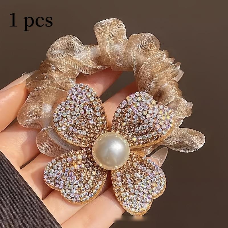 

Pearl diamond four-leaf clover hair tie, elegant versatile ponytail hair accessory for ladies daily wear