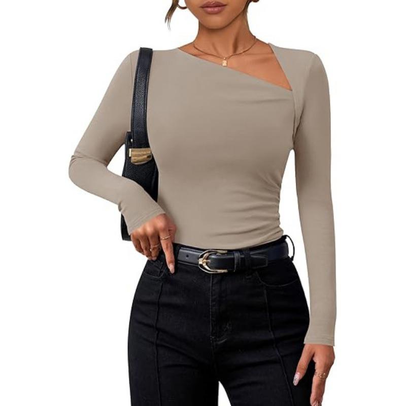Women Long Sleeve Oblique Collar Slim Fit Solid Inner Base Layer T Shirt