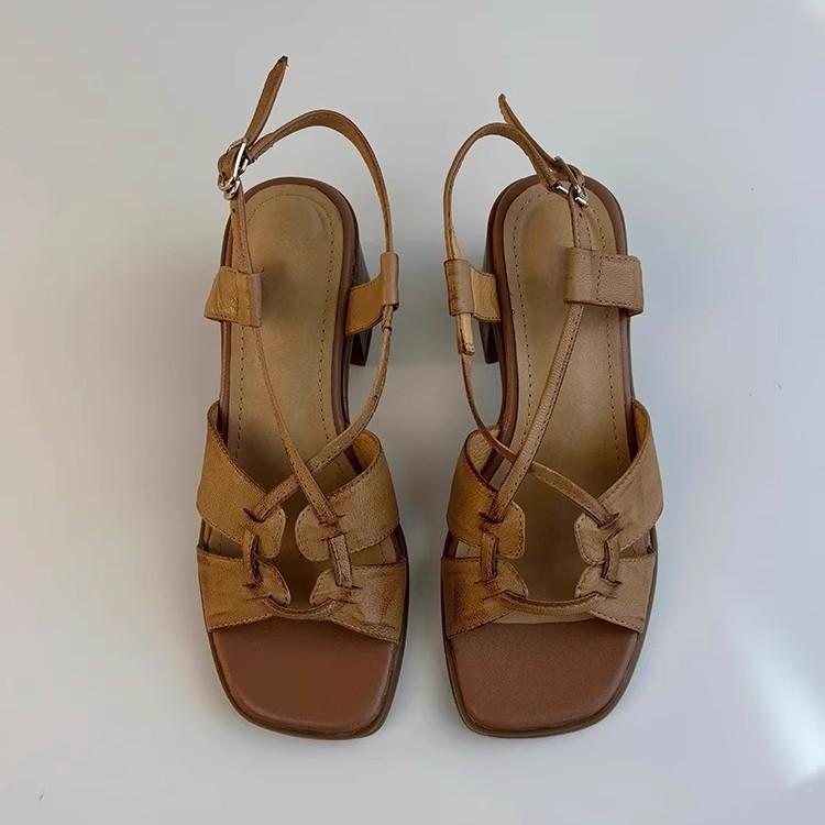 Sheepskin version~ retro versatile one-word belt leather high-heeled Roman shoes women's head open-toed high-end thick-heeled sandals