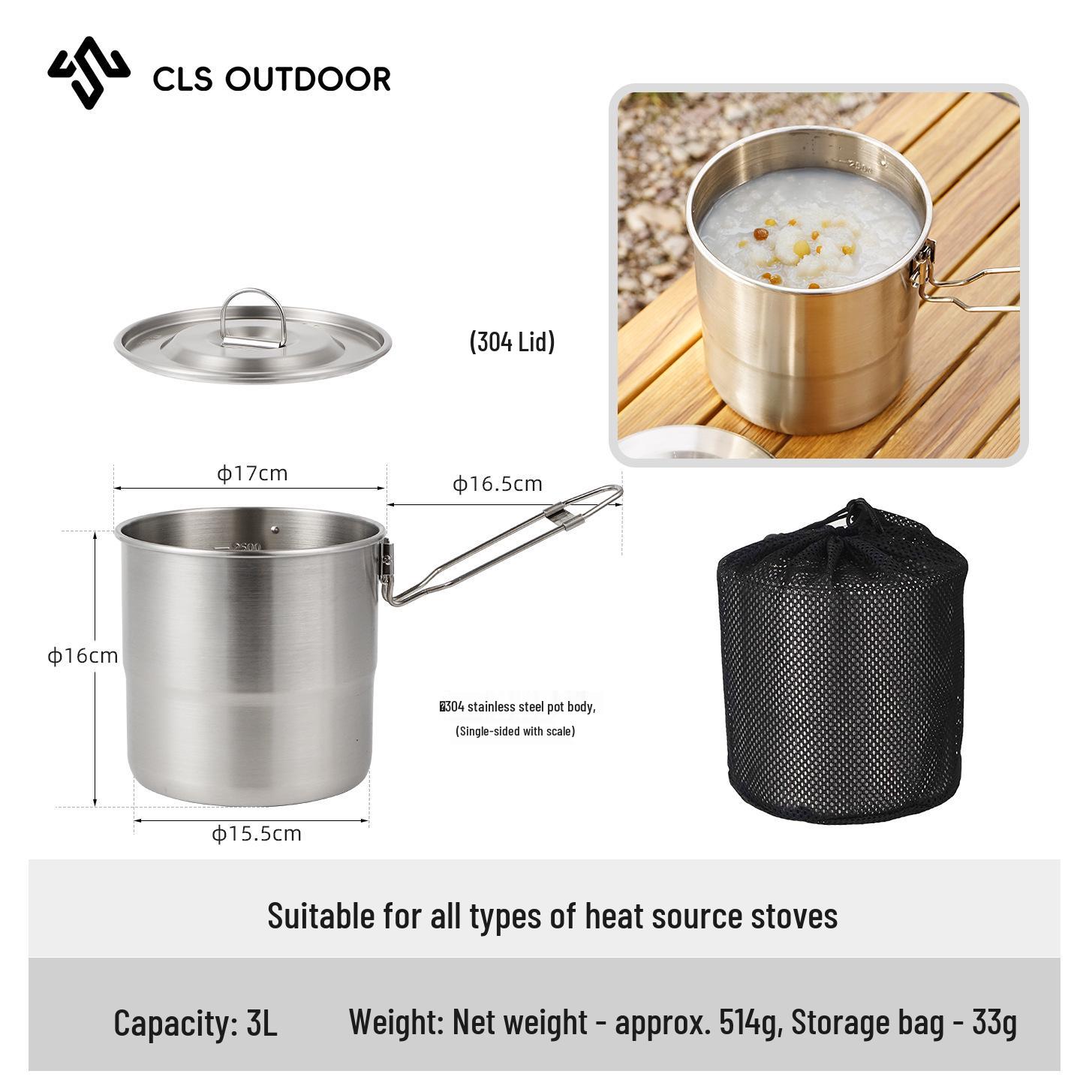 

CLS Stainless Steel Camping Kettle & Cookware Set 3000ml
