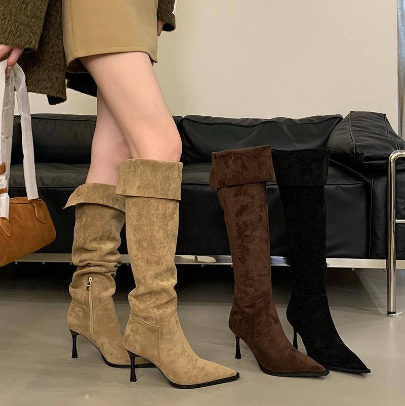 

Женские остроносые ботфорты на высоком каблуке, новинка осени 2025 года, французский хаки, на тонком каблуке, плиссированные ботфорты-чулки, ботфорты-рыцари 40 темно-коричневого