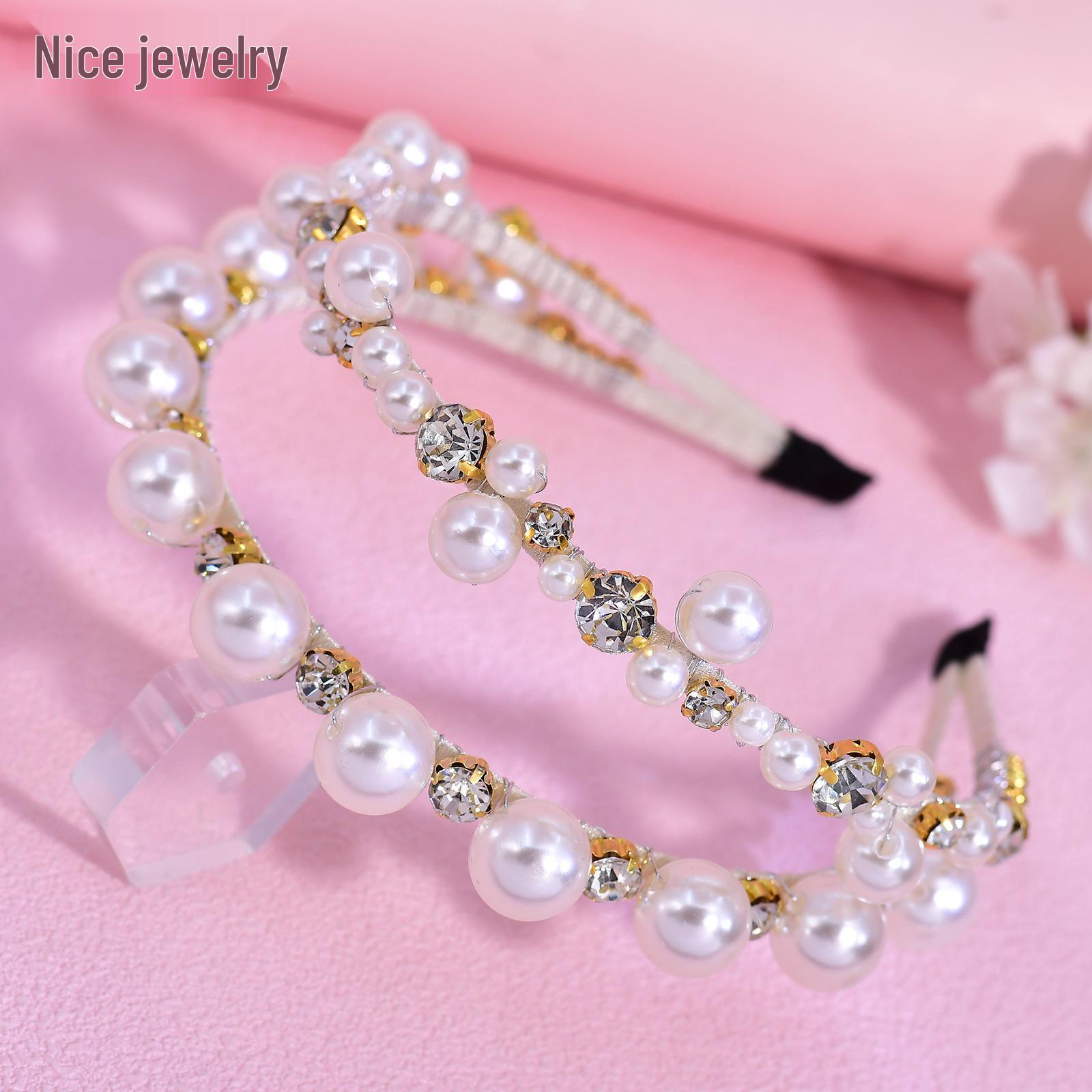 NS408 Retro Pearl Rhinestone Double Row Bridal Hairband - Daily Girl Hair Accessory