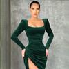 New Women's Elegant Sexy Square Neck Ruched High Waist Bodycon Split Dress Temperament Sexy Square Collar Retractable Small Dress