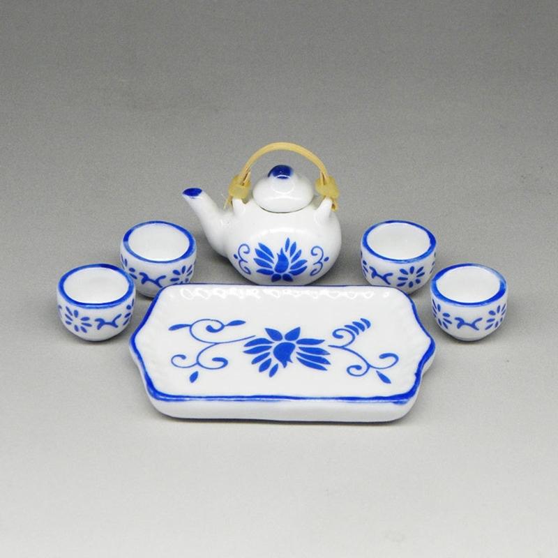 Miniature Teaware Set Model For Children And Collectors With Blue White Porcelain Teapot Cup Tray Doll House Furniture
