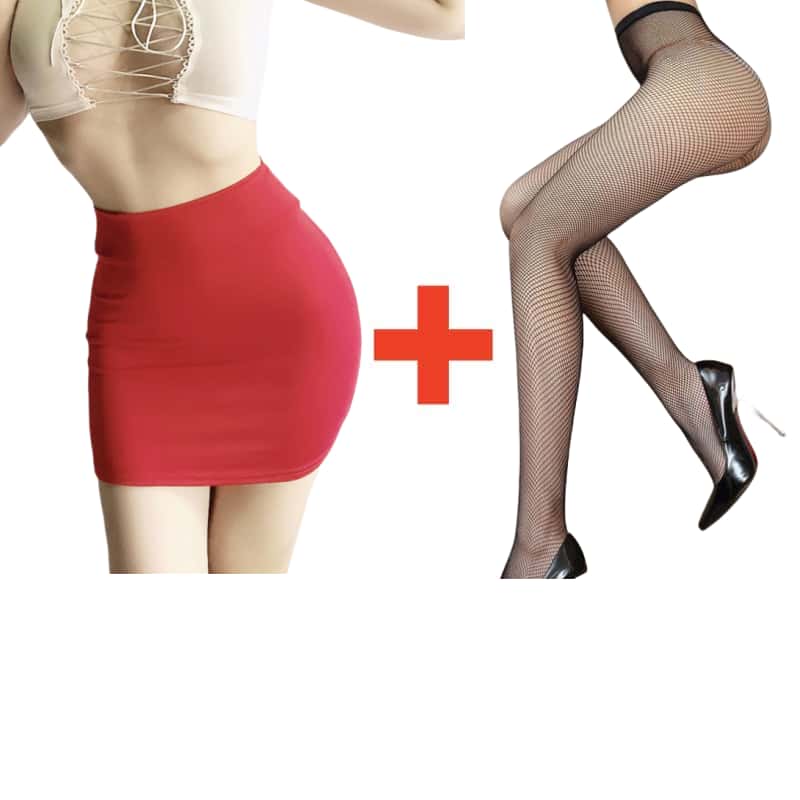 2PCS/SET Women High Waist Pencil Mini Skirts+Stockings Dress Set,Sexy Casual Wrap Hips Black Short Skirt and Pantyhose