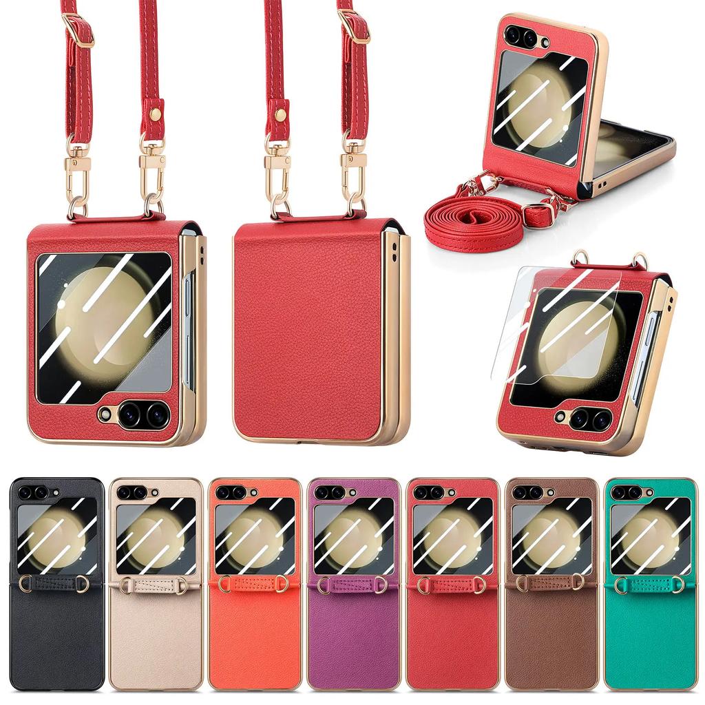Crossbody Lanyard Electroplating PU Leather Phone Case for Samsung Galaxy Z Flip 5 Flip5 5G Hard Shell Shockproof Cover