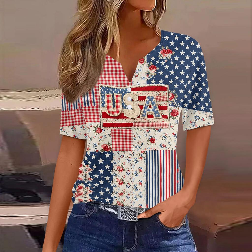 Women's Fashion Casual Independence Day Print V-Neck Short Sleeve Button-Up T-Shirt Top