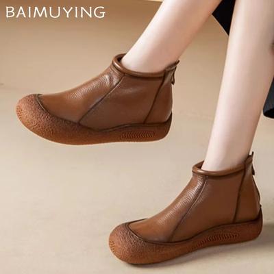 Kožené ploché boty Dámské Sněhule Kotníkové boty Zimní Klasické Boty Návrhář Ležérní Botas Trend Nové Zcela měkké Cosy Botas De Mujer
