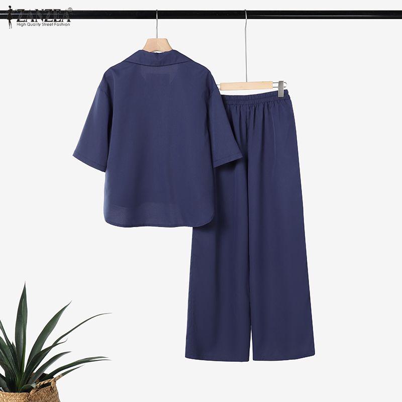ZANZEA Women Short Sleeve Blouse and Pants Casual Two Piece Suit Sets