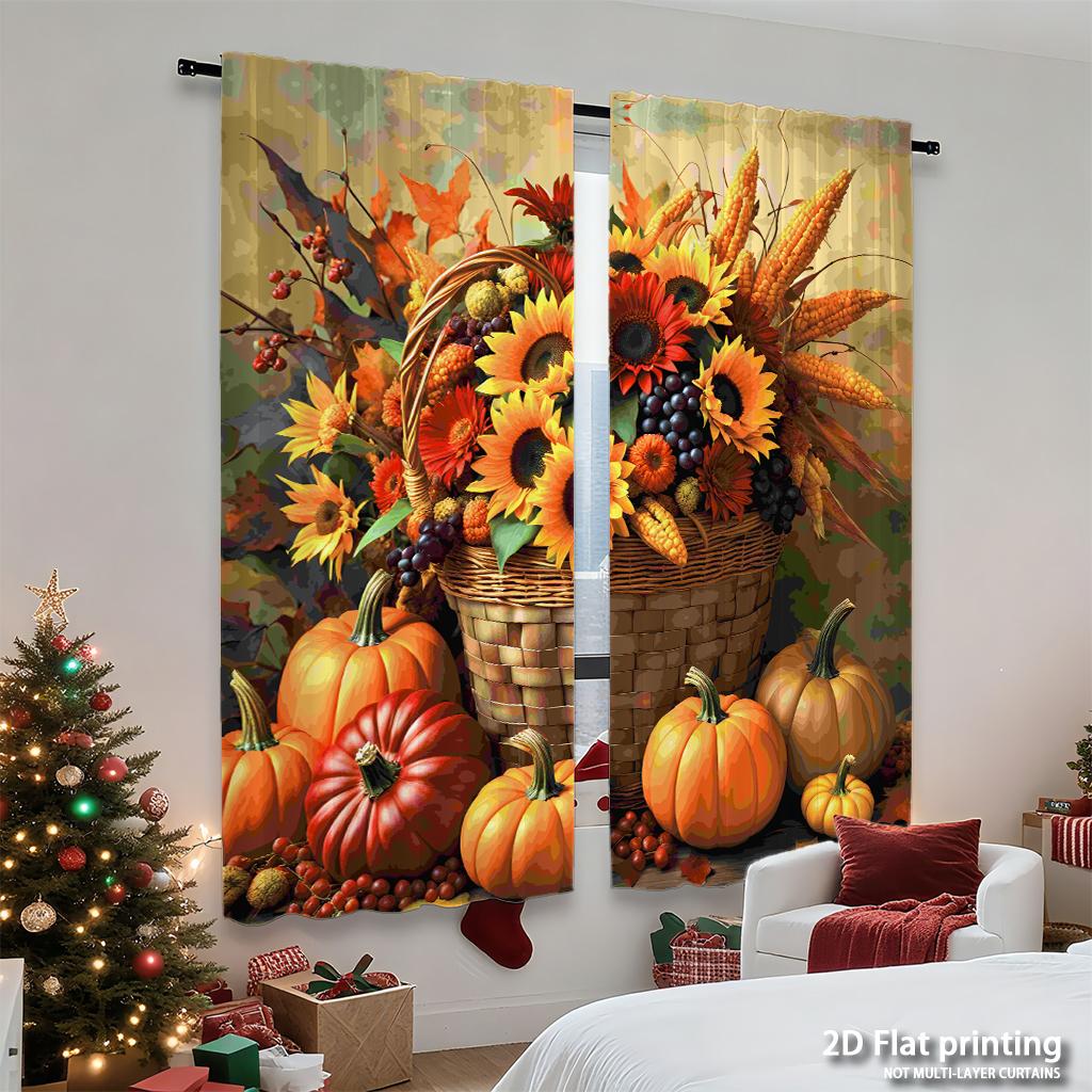 Stück Set Hochauflösende Digital Gedruckte VorhängeHerbstbuntÖlgemäldeStilKürbisBlumeKorbHeimDekorationsstilVorhang Hergestellt Aus Polyester