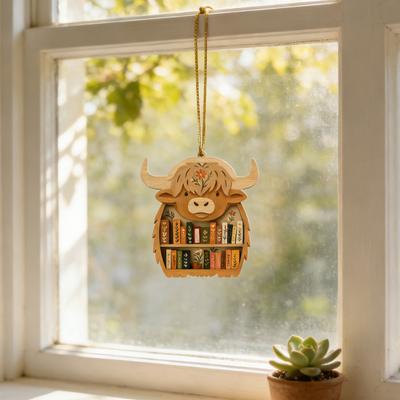 Wooden Bookshelf Ornament Animal Shaped Bookshelf Christmas Ornament Owl/Highland Cow/Elephant Figurine Bookish Gifts for Book Lovers Readers