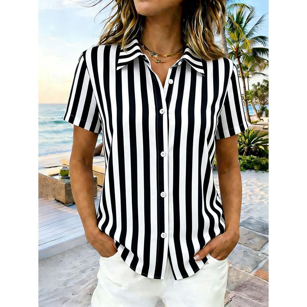 Women's multicolored stripes Print Lapel Shirt Short Sleeve Button Down Casual Tops Summer Beach Hawaiian Wear