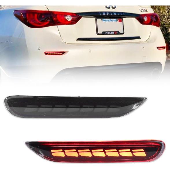 2pcs LED Rear Bumper Reflector Lights Sequential Turn Signal Brake Light for Infiniti Q50 QX56 QX60 Nissan Pathfinder Rogue, 3-in-1 with Smoked Lens