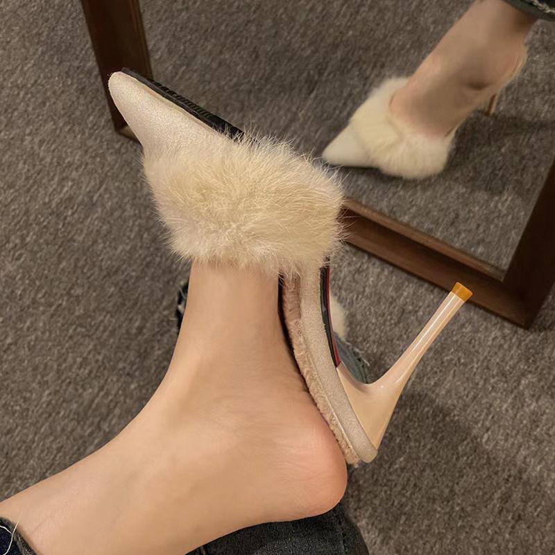 High Heel Fur Mule Slides Woman Elegant Pointed Toe Furry Slippers Ladies Luxury Plush Evening Party Pump Shoes