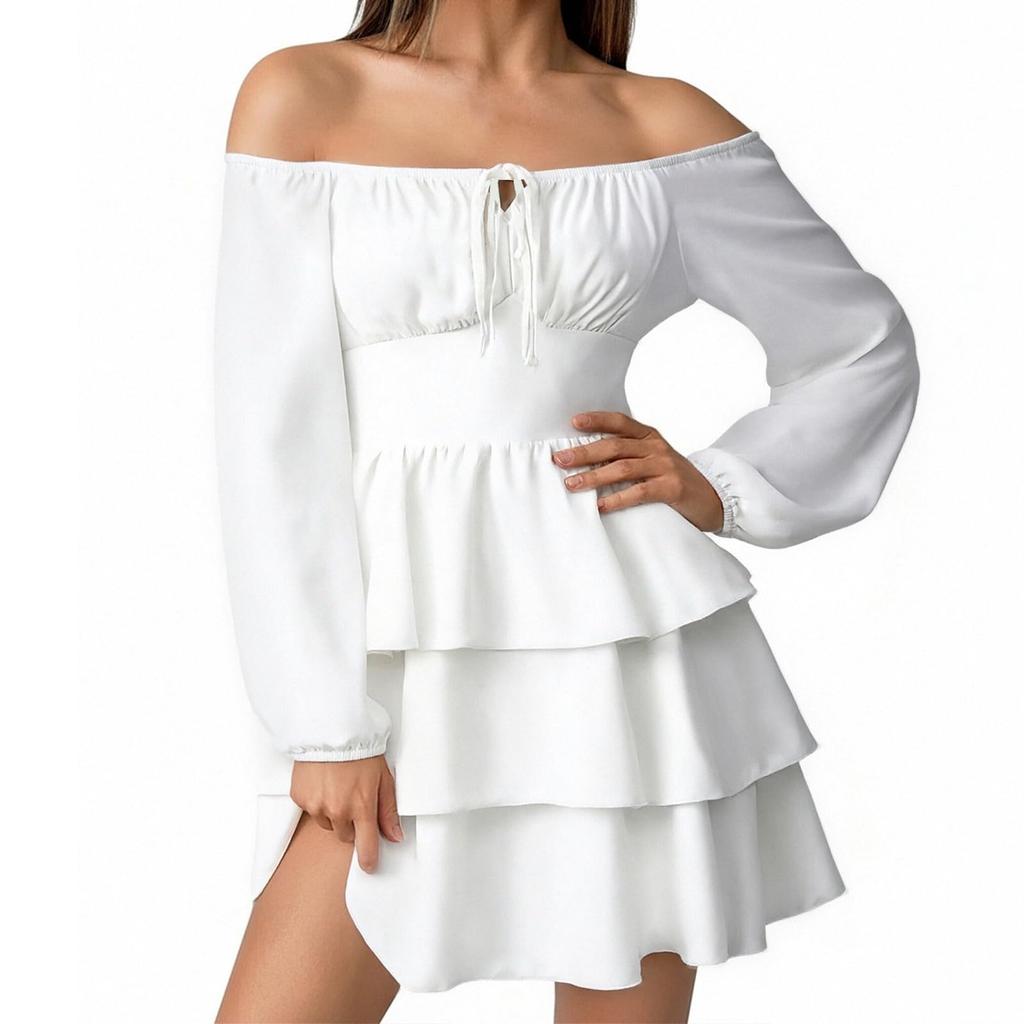 Women's Fashion Off-Shoulder Tie-Detail Pleated Long-Sleeve Fitted -Color Short Dress