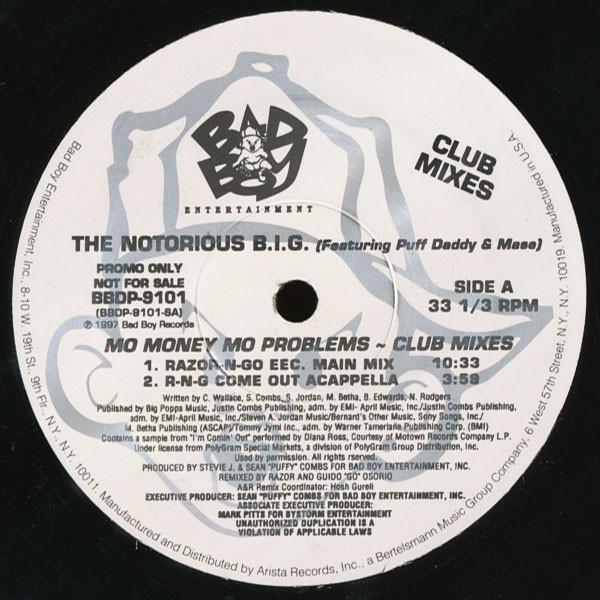 

12-дюймовая пластинка NOTORIOUS BIG Mo Money Mo Problems Club Mixes BBDP9101PROMO Bad Boy Enterta 1997 США Dance Electronica Б/у