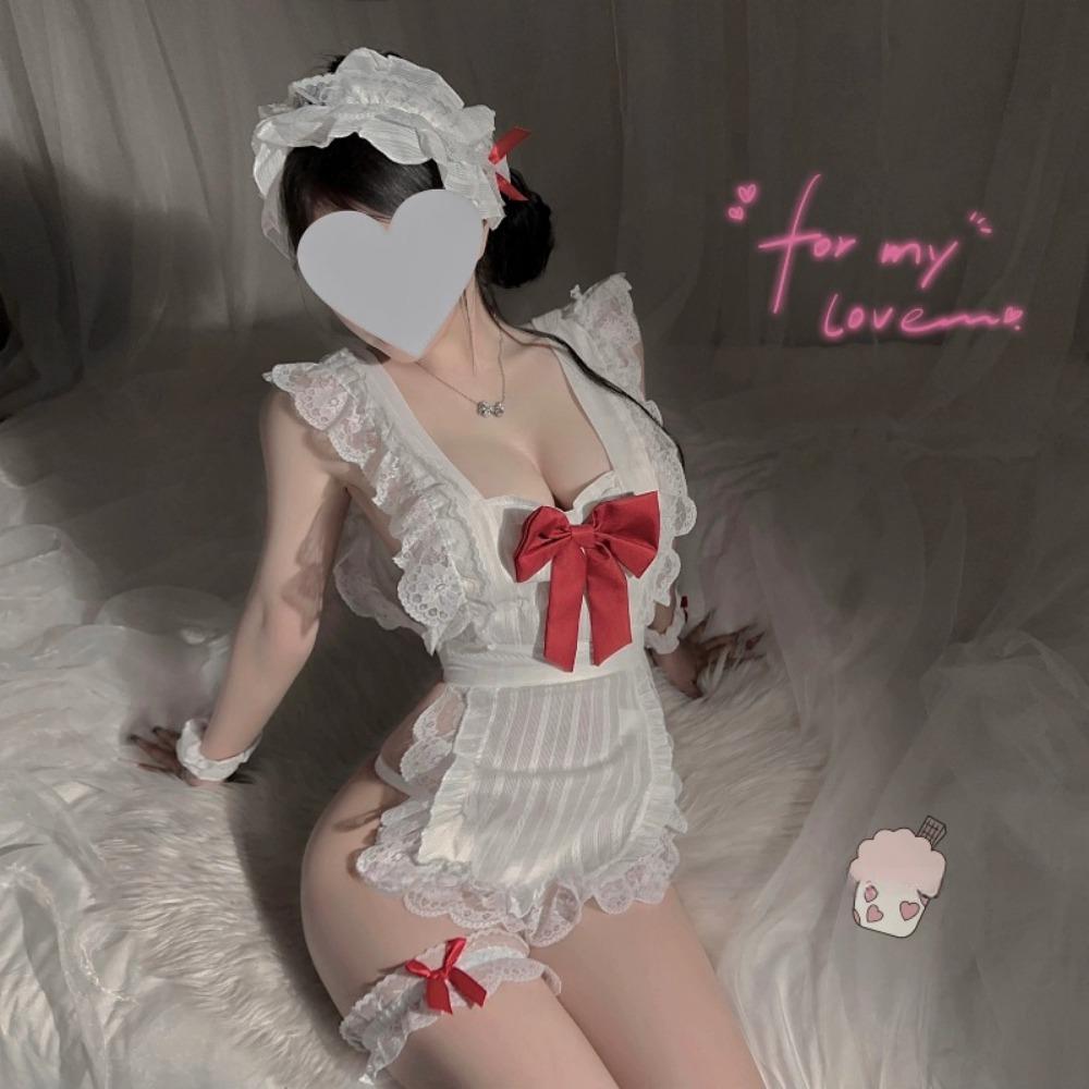 Man Want Bow Pure Want Maid Naked Back Apron Set Free Uniform Sex Underwear Small Breast Pajamas Women 9289
