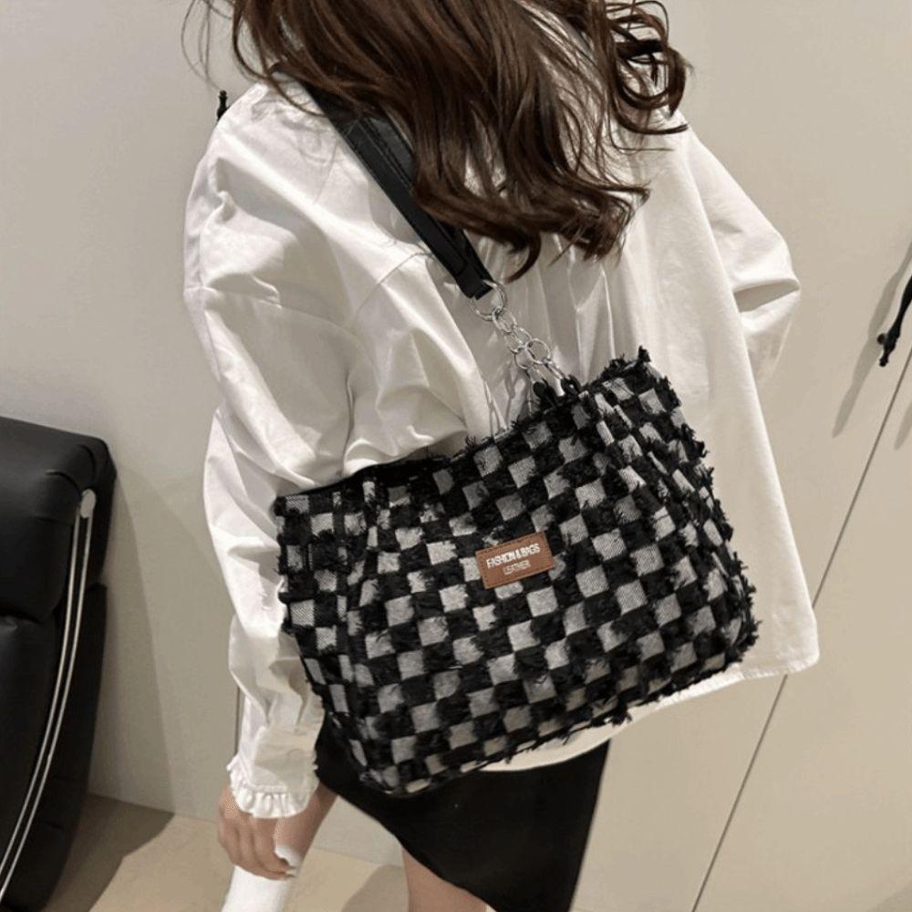 Fashion Vintage Denim Shoulder Bags Plaid Beggar Style Women's Tote Bag Versatile Jeans Commuting Bags Handbag