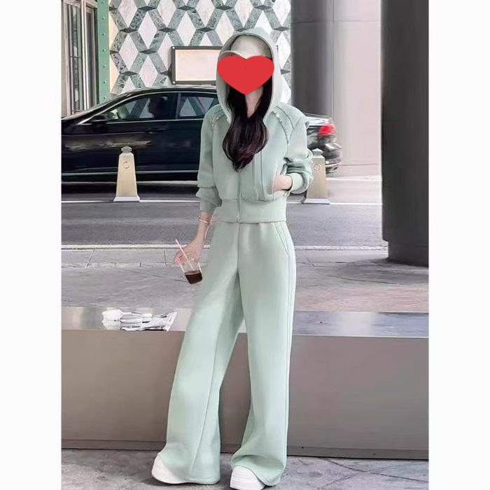 

Trendy Autumn 2026 Solid Color Hoodie & Wide Leg Pants Set L