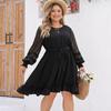 Round Neck Long Sleeve Black Dress for Women High Waist Slim Comfortable Breathable Mid Dress Casual Fashion Plus Size Commute Dress