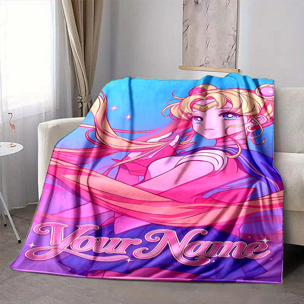 Custom 1Pc Retro Anime Girl Custom Name Fleece Flannel Blanket Soft Warm Cozy Office Throw For Bedroom Couch Travel Birthday Xmas Gift