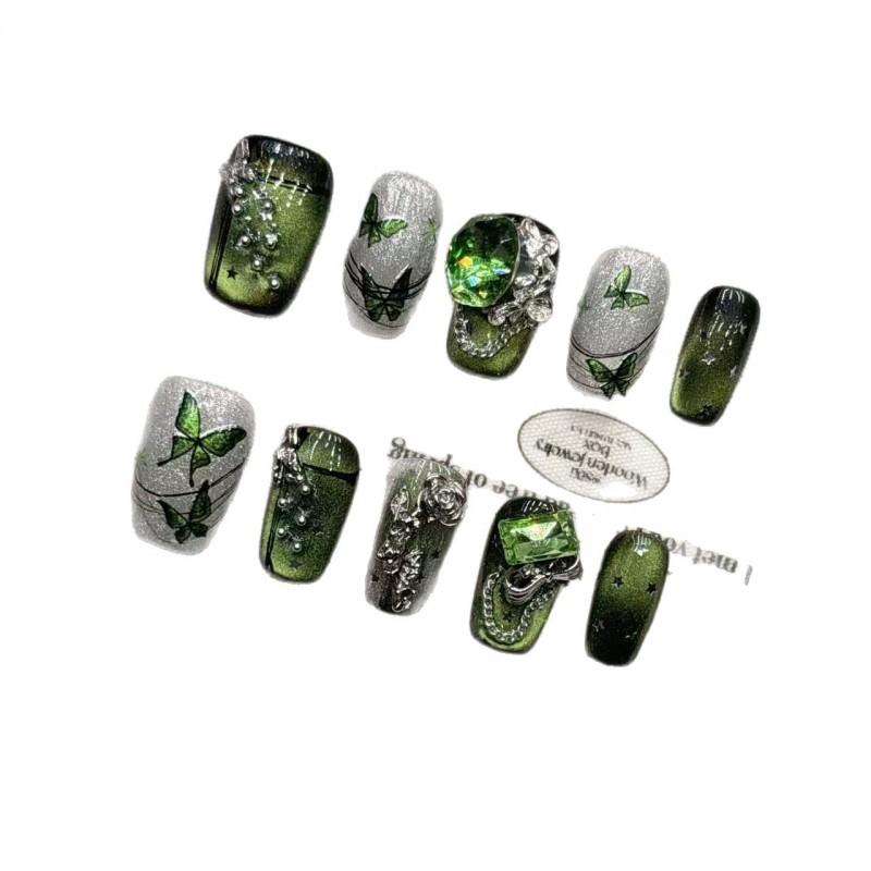 Green Butterfly Short Almond Press-On Nails Handmade Artificial Nail Tips Women Girls