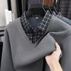 Men's Fake Two Piece Lapel Long Sleeve T-Shirt High Quality Color Blocking Grid Winter Casual Business Men's Wear