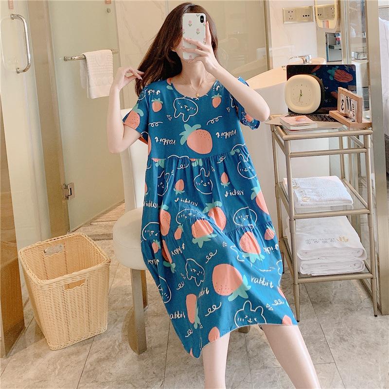 Cotton and silk nightgown women's spring and autumn casual short-sleeved large-size printed pajamas summer thin high-end cotton loungewear