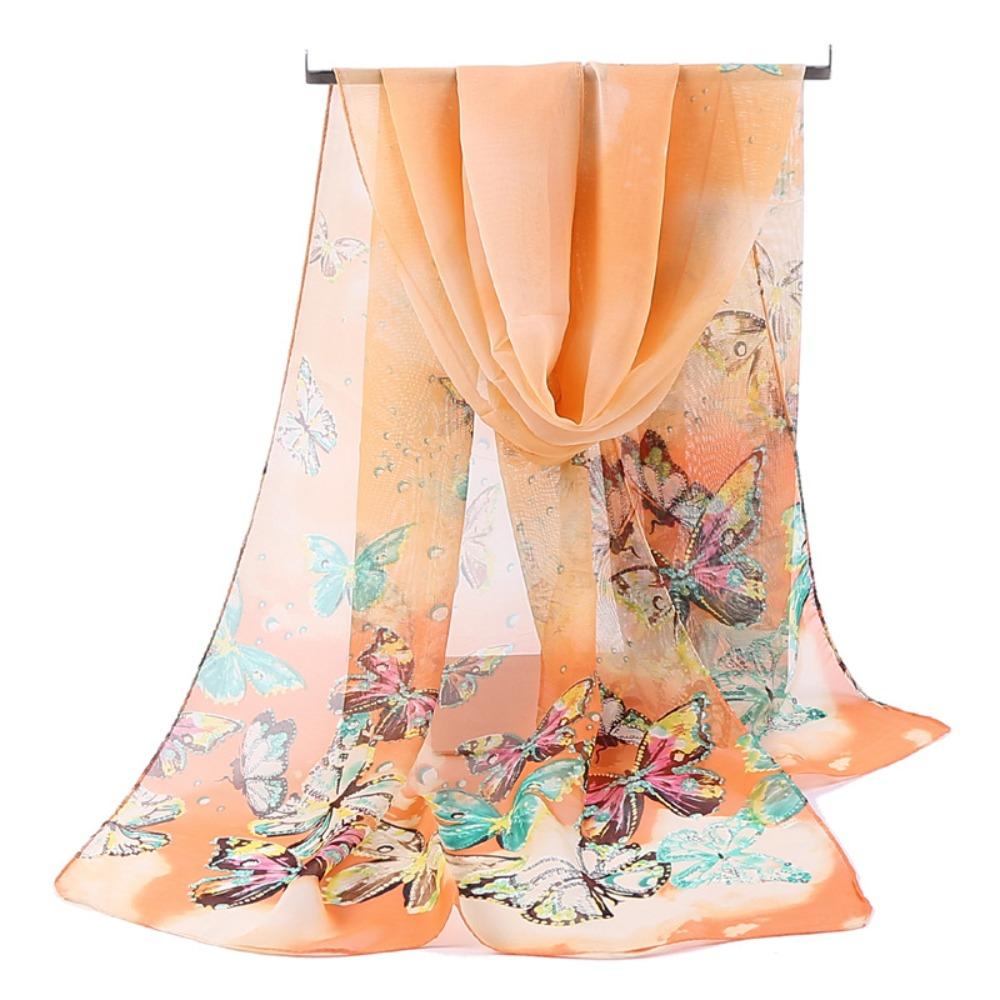 Sunscreen Long Wrap Shawl Butterfly Print Beach Gauze Scarf Elegant Shawl Silk  for Women