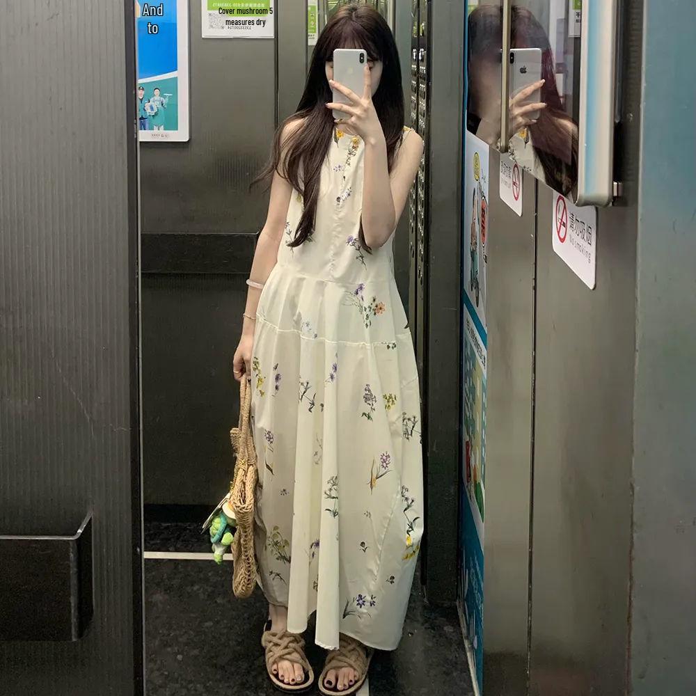 Korean Style Printed Sleeveless A-Line Summer Tea-Length Dress