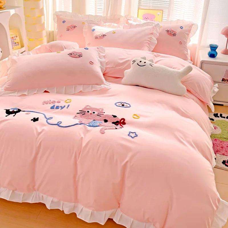 Set de lenjerie de pat Inimi Roz Stil Nordic Lenjerie de pat cu fețe de pernă Textile pentru casă Fete Husă de pilotă respirabilă King Queen Twin