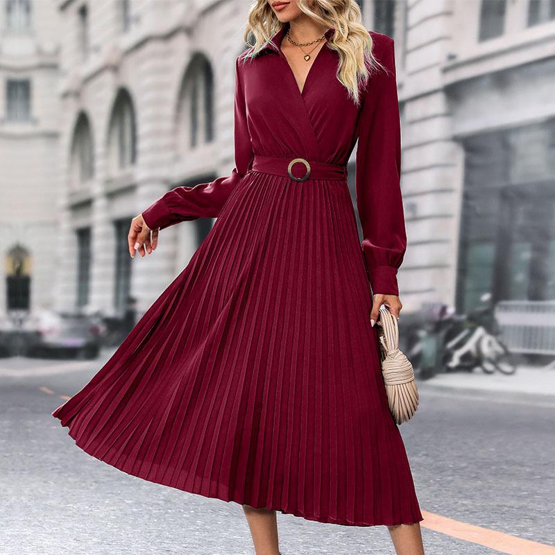 YYFS Damenmode Frühling Herbst Einfarbig Druck Langarm POLO Hals Casual Kleider