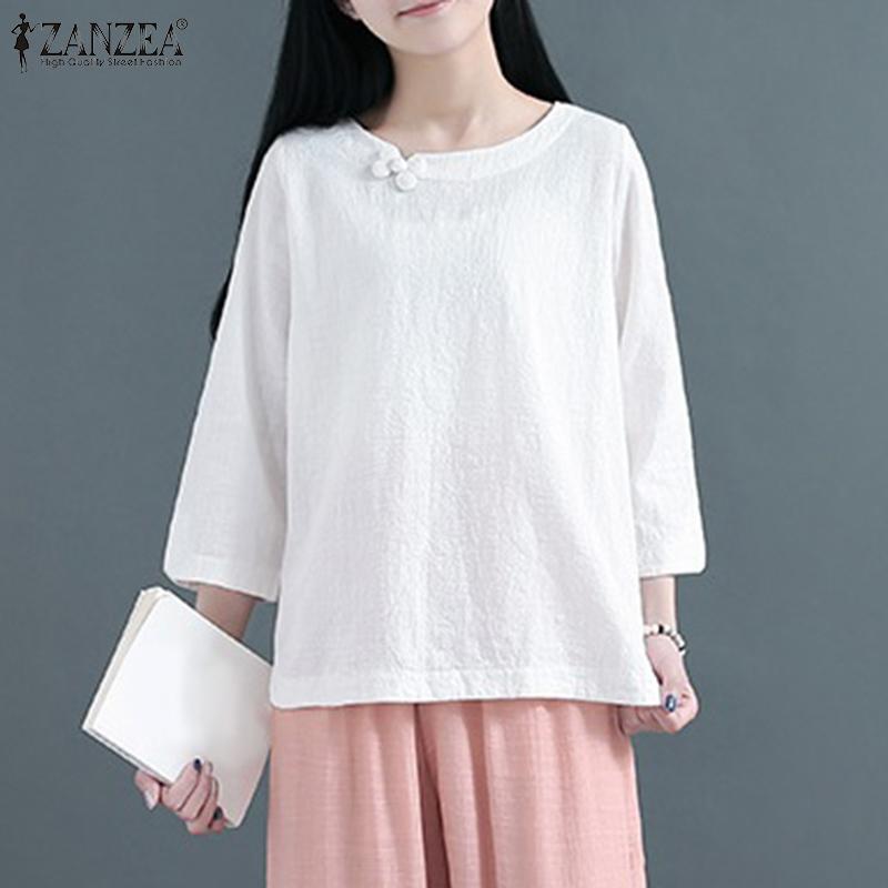

ZANZEA Женская летняя однотонная повседневная блузка с круглым вырезом и рукавами 3/4