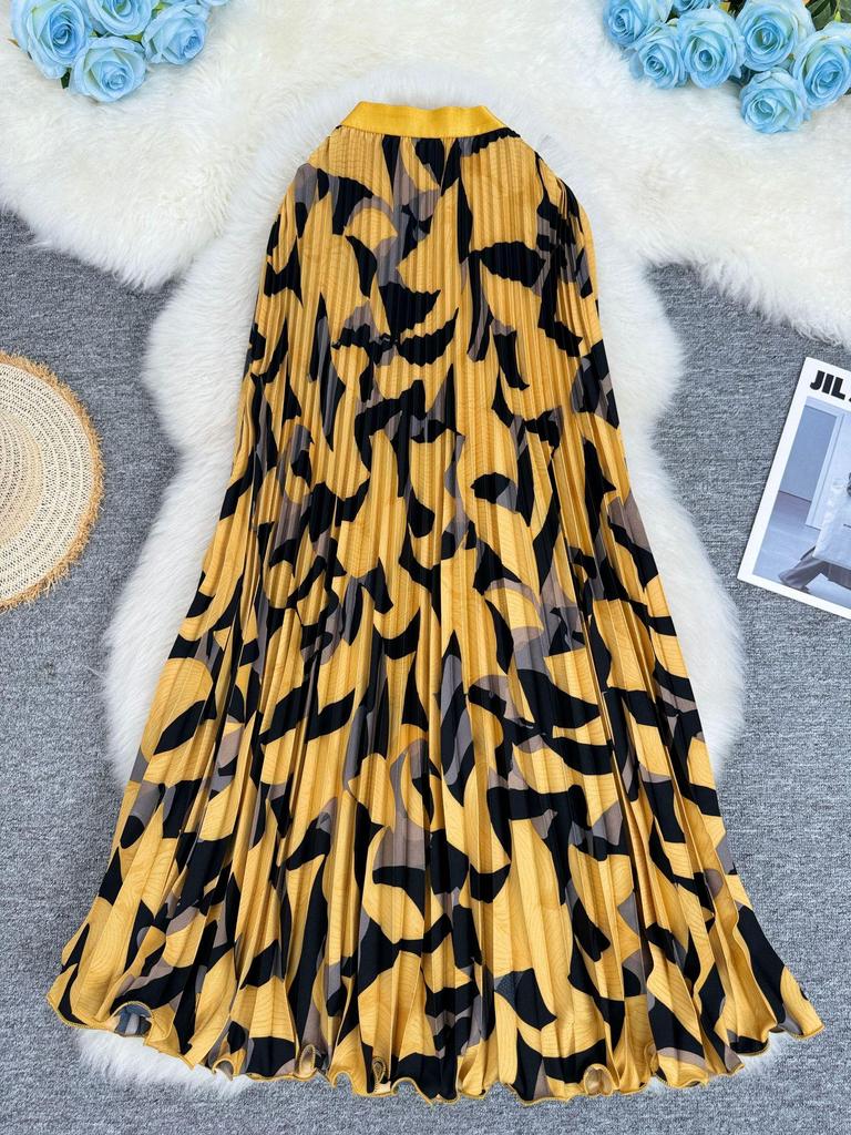 European & American Printed Pleated A-line Midi Skirt for Women - High-waisted, Versatile & Slimming