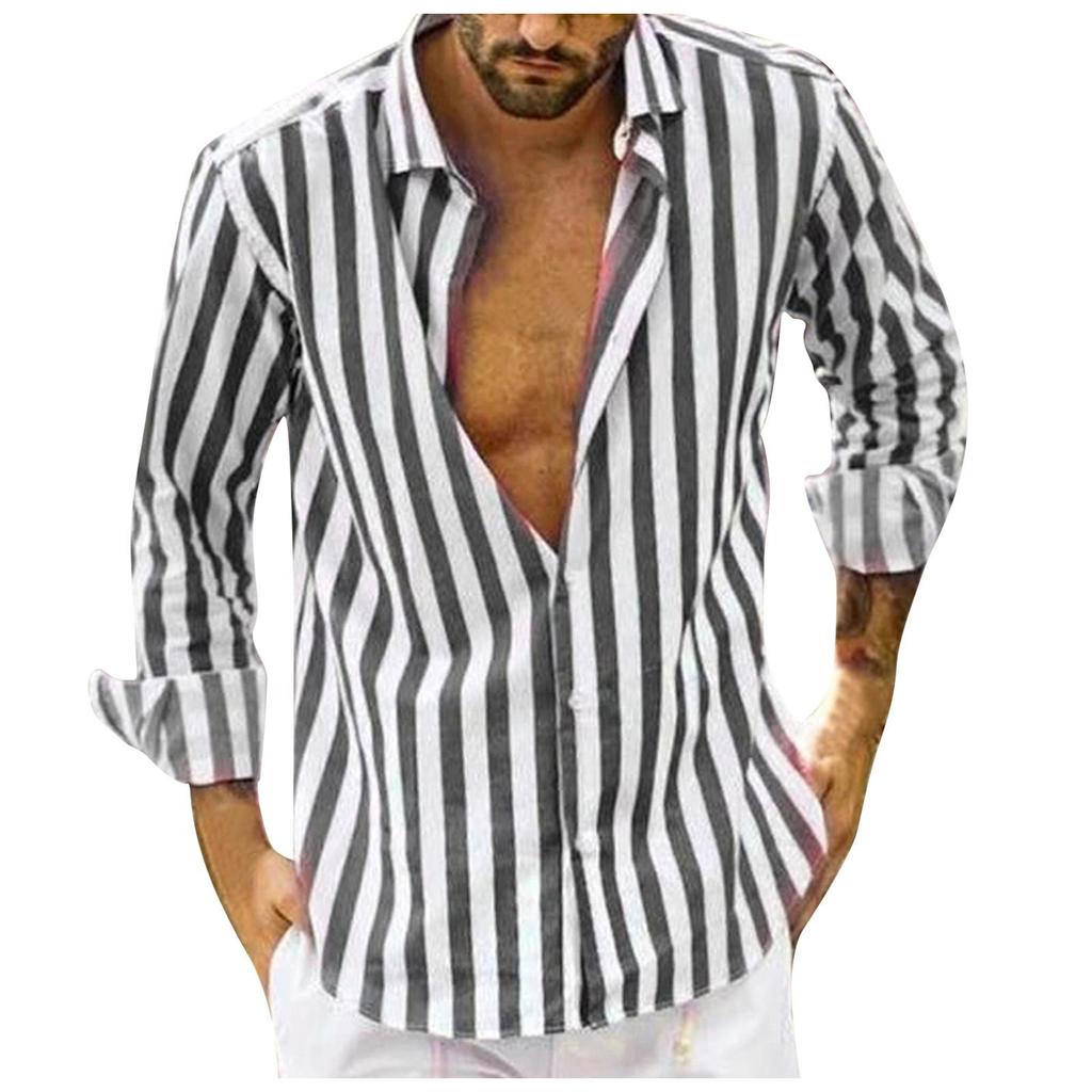 Men Fashion Vertical Striped Long Sleeve Casual Button Down Dress Beach Shirt