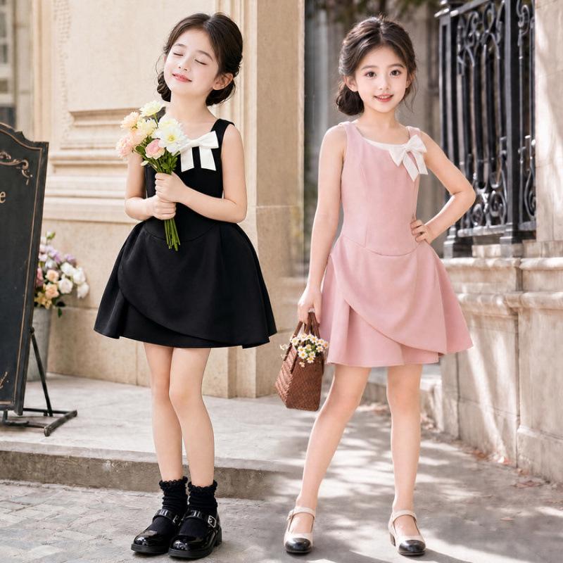Girls' 2026 Summer Bow Dress: Sleeveless, Fashionable, Elegant Skirt