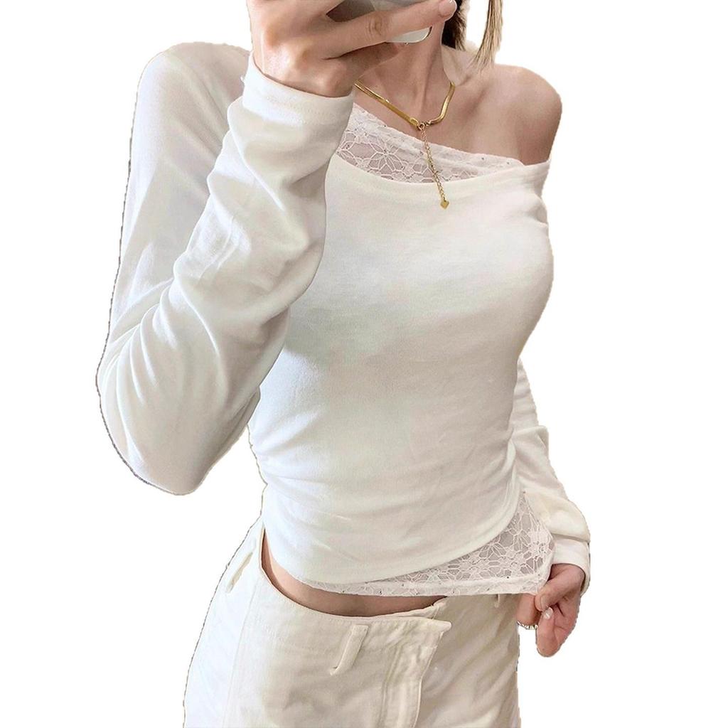 Elegant Lace Patchwork Off-Shoulder Slim-Fit Long-Sleeve Top for Women - Spring/Autumn Style