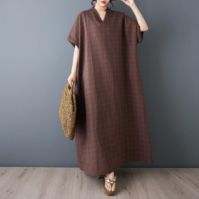 Short sleeve Plus size Cotton vintage floral plaid new in dresses for women casual loose Maxi long summer dress