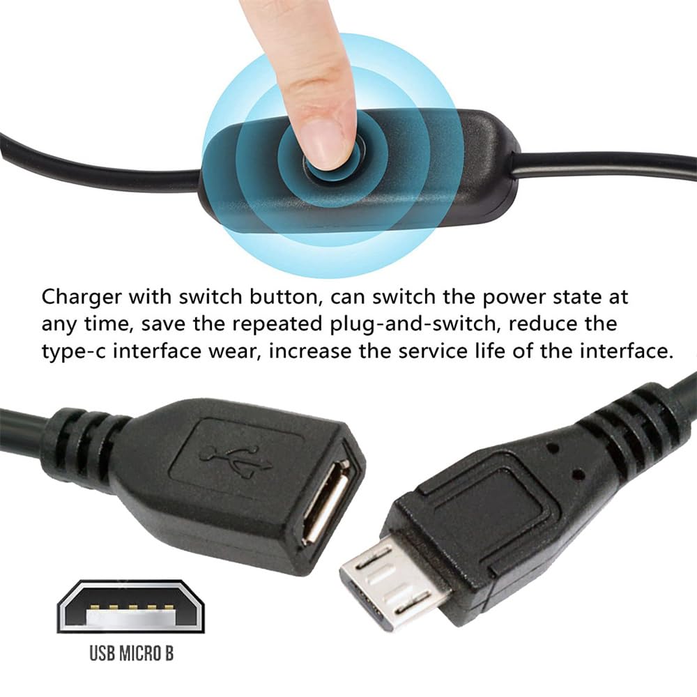 cablecc Micro USB Switch Cable with Power Switch Micro Male to DC for Desk Lamps and Fan Cameras 2.0 On/Off Button, 5-Pin Female, 5V,