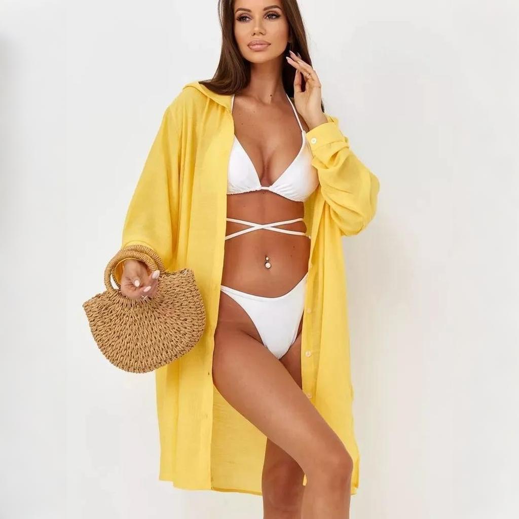 Women's Beach Cover Up Shirt Dress Lightweight Button Down Long Sleeve Casual Vacation Swimwear Cover Up for Bikini Swimwear