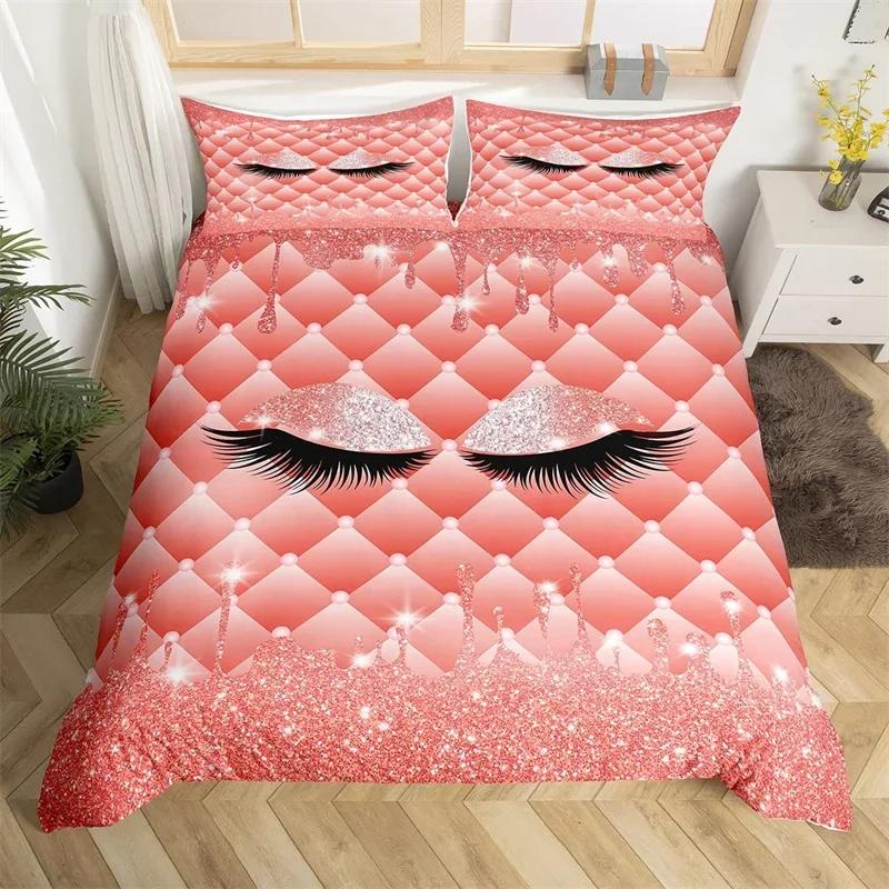 Smile Eyelash Duvet Cover Set Glitter Fragments Dreamy Twin Queen Bedding Set Microfiber Eyelashes Make Romantic Comforter Cover