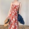 Seaside Vacation Style Printed Suspender Skirt for Women's New Year, Great-looking Waist and Thin Sleeveless Red Dress