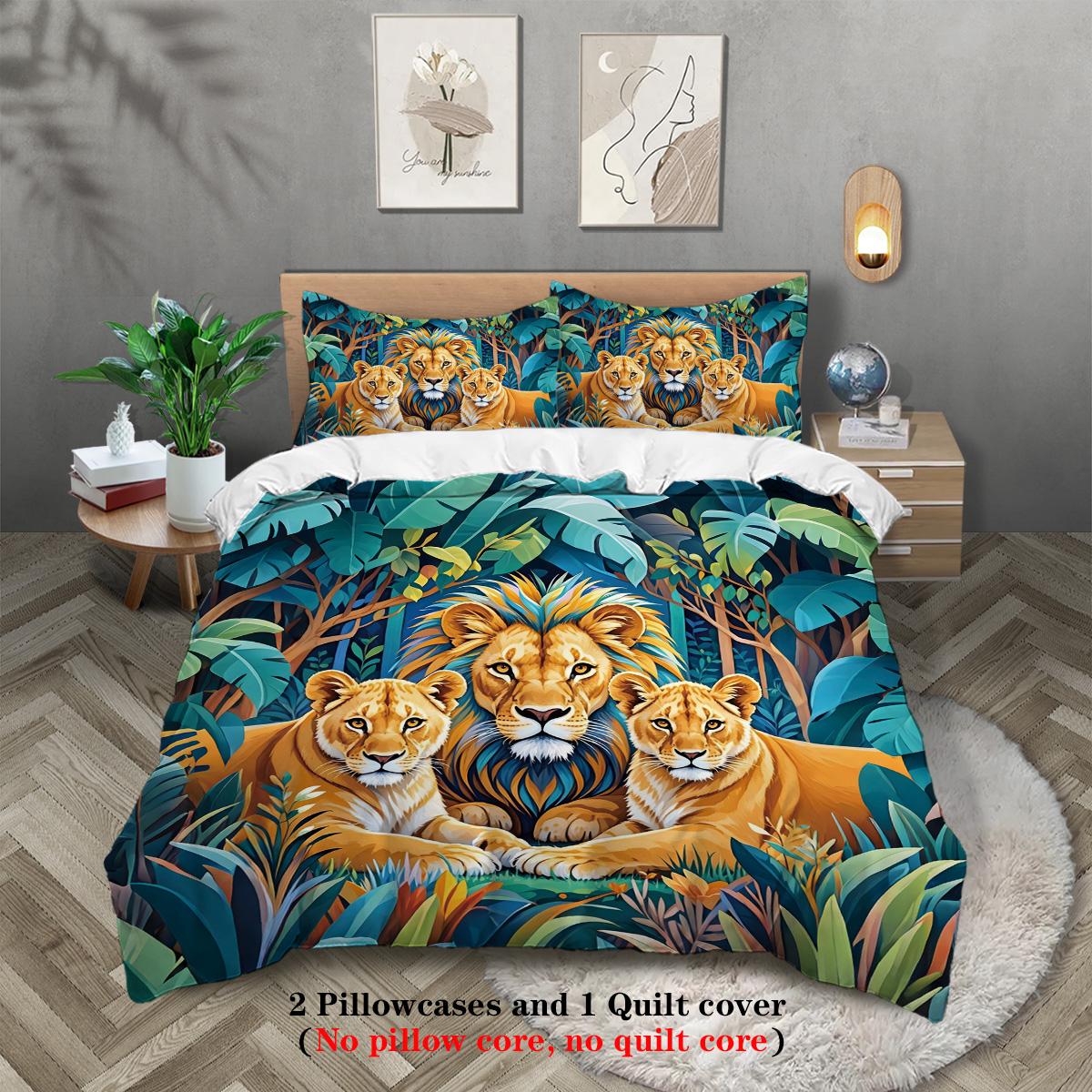 

3pcs Lion Family Pattern Bedding Set, 1*duvet Cover+2*pillowcase, for Single Bed, Teenagers and Adults Bedroom, Home Decoration 135x200cm-EU-Single