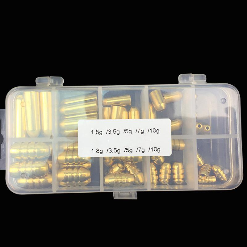 50Pcs/Set Copper Bullet Weights Fishing Sinkers In Plastic Fishing Accessories Tackle Box 1.8g/3.5g/5g/7g/10g Sinker Accessories